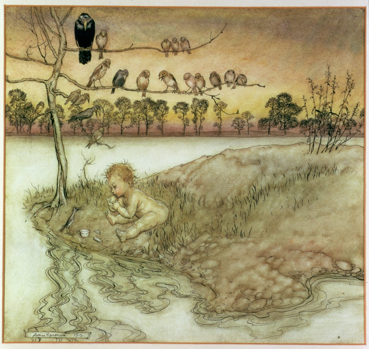 Kuvitus J. M. Barrien teokseen "Peter Pan Kensington Gardensissa", 1912 tekijältä Arthur Rackham