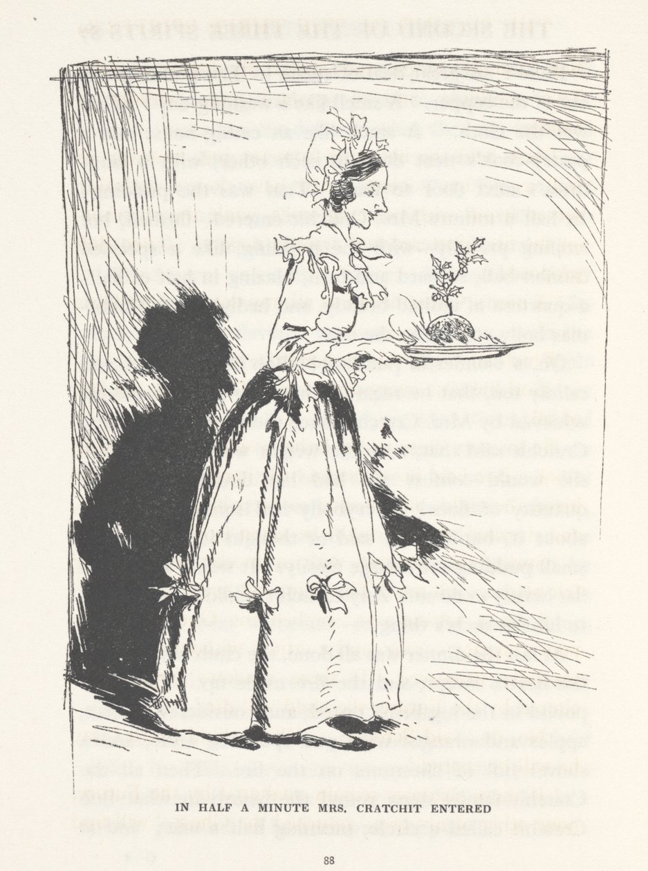 "Puolen minuutin kuluttua rouva Cratchit astui sisään", 1915. tekijältä Arthur Rackham