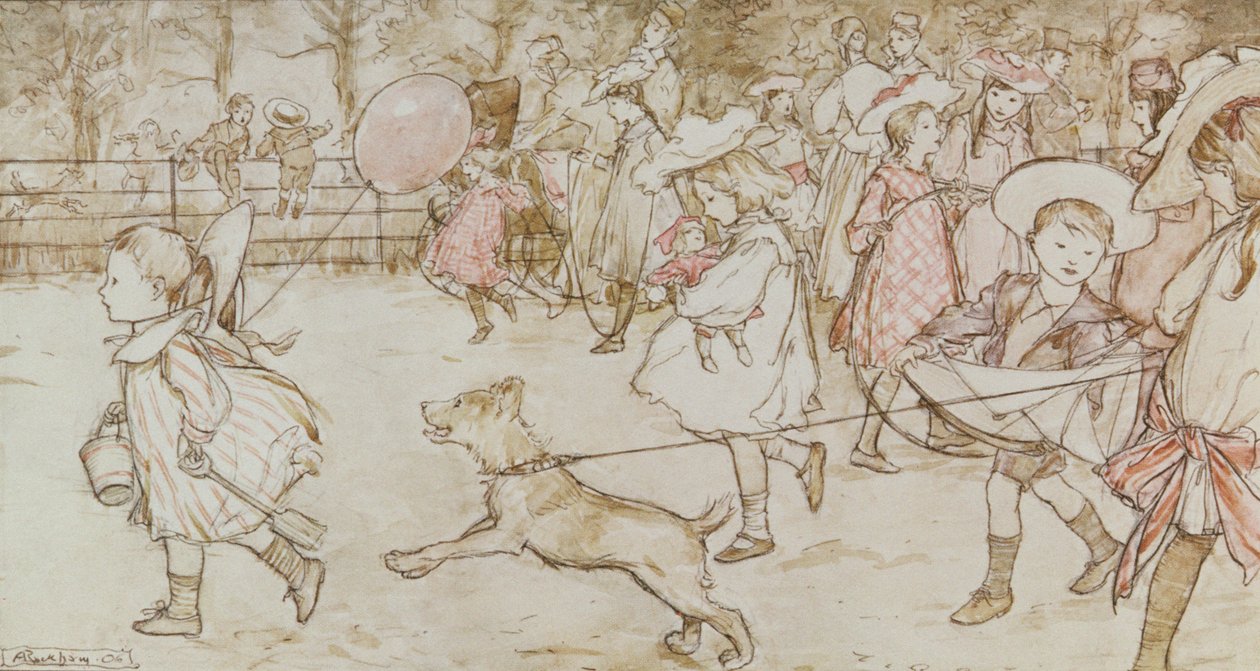 "In the Broad Walk" J. M. Barrien teoksesta "Peter Pan Kensington Gardensissa", 1906 tekijältä Arthur Rackham