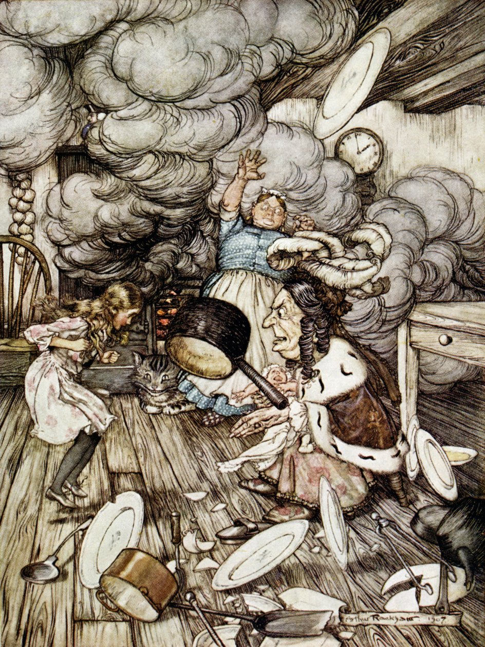 Herttuattaren keittiössä, kuvitus Lewis Carrollin (1832-98) teokseen "Liisan seikkailut ihmemaassa" 1907 tekijältä Arthur Rackham
