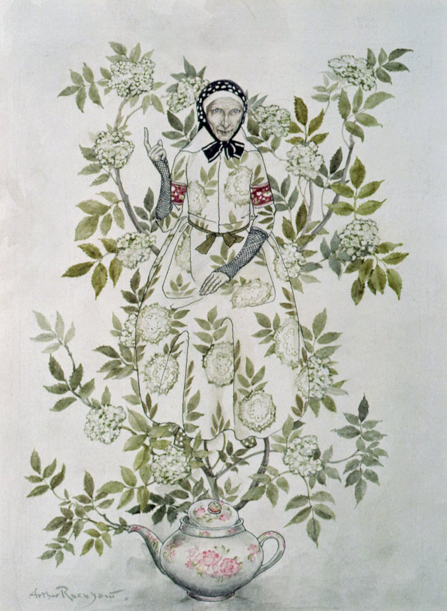"Puun keskellä istui ystävällisen näköinen vanha nainen", kuvitus Hans Christian Andersenin (1805-75) "Fairy Tales" -kirjasta "Elder Tree Mother", julkaistu 1932 tekijältä Arthur Rackham