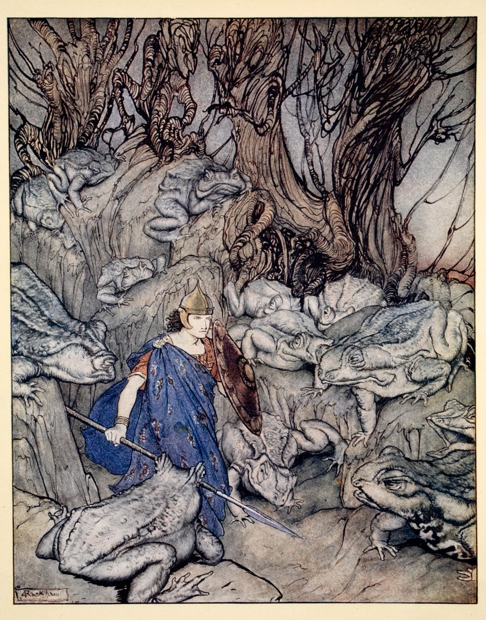 Haarukalla, johon hän liukastui illalla, häntä ympäröivät jättimäiset rupikonnat, kuvitus James Stephensin teoksesta Irish Fairy Tales, 1920. tekijältä Arthur Rackham