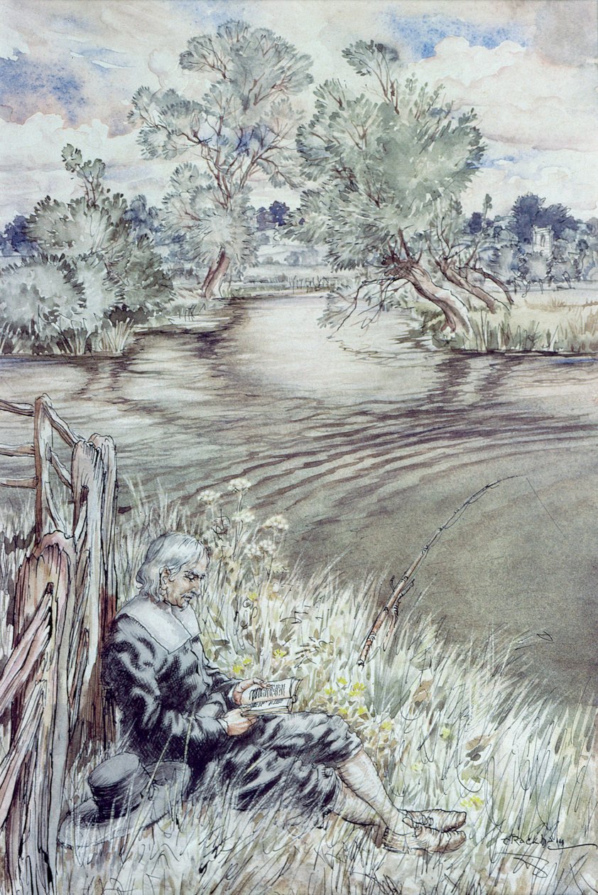 Izaak Walton nojaa aitaa vasten, Izaak Waltonin teoksesta The Compleat Angler, 1931 tekijältä Arthur Rackham
