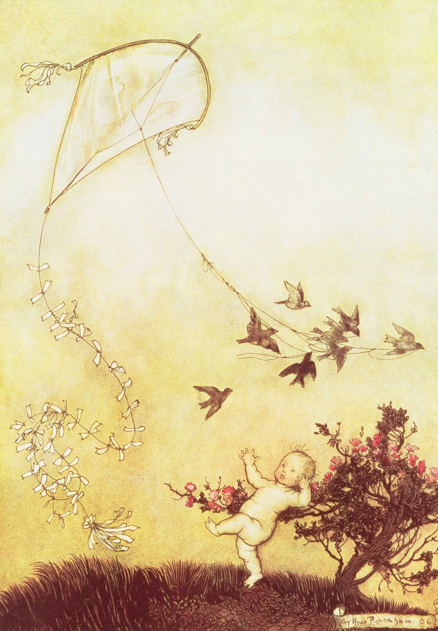 Leijan lentäminen Kensington Gardensissa J. M. Barrien teoksesta "Peter Pan Kensington Gardensissa", 1906 tekijältä Arthur Rackham
