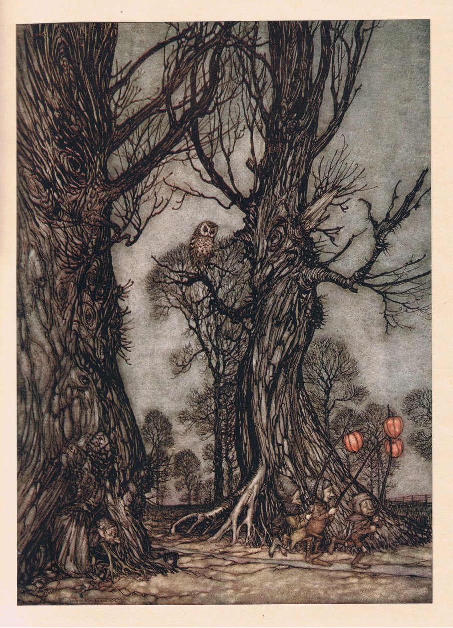 Linkmen edessä kantaen talvikirsikoita tekijältä Arthur Rackham