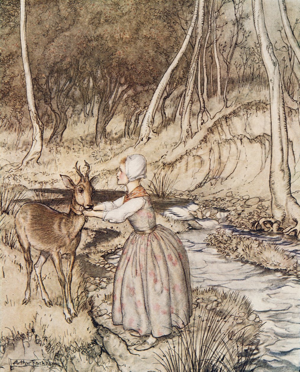 Pikkuveli ja pikkusisar, teoksesta Pikkuveli ja pikkusisko ja muita Grimmin veljien tarinoita, pub.1917 tekijältä Arthur Rackham
