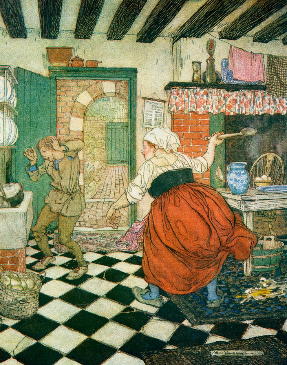 Monet hänen hakkaamisestaan luudanvarresta tai kauhasta, kuva Dick Whittingtonille ja hänen kissalleen, F.A. Steelin Englannin saduista, 1927 tekijältä Arthur Rackham