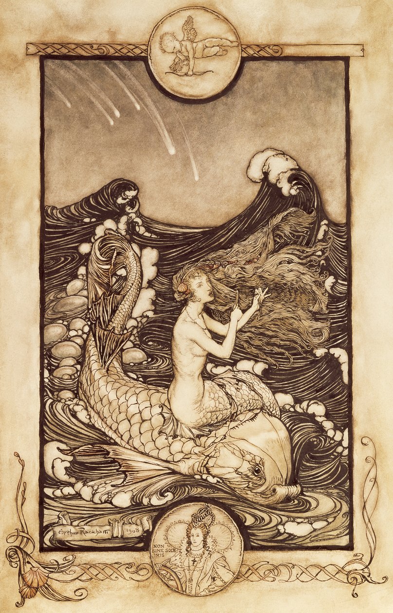 Merenneito ja delfiini elokuvasta Kesäyön unelma, 1908 tekijältä Arthur Rackham