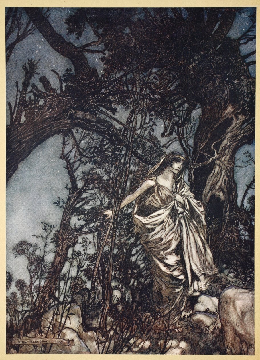 Ei koskaan niin väsynyt, ei koskaan niin voi, kuvitus William Shakespearen "Kesäyön unelmasta", 1908 tekijältä Arthur Rackham