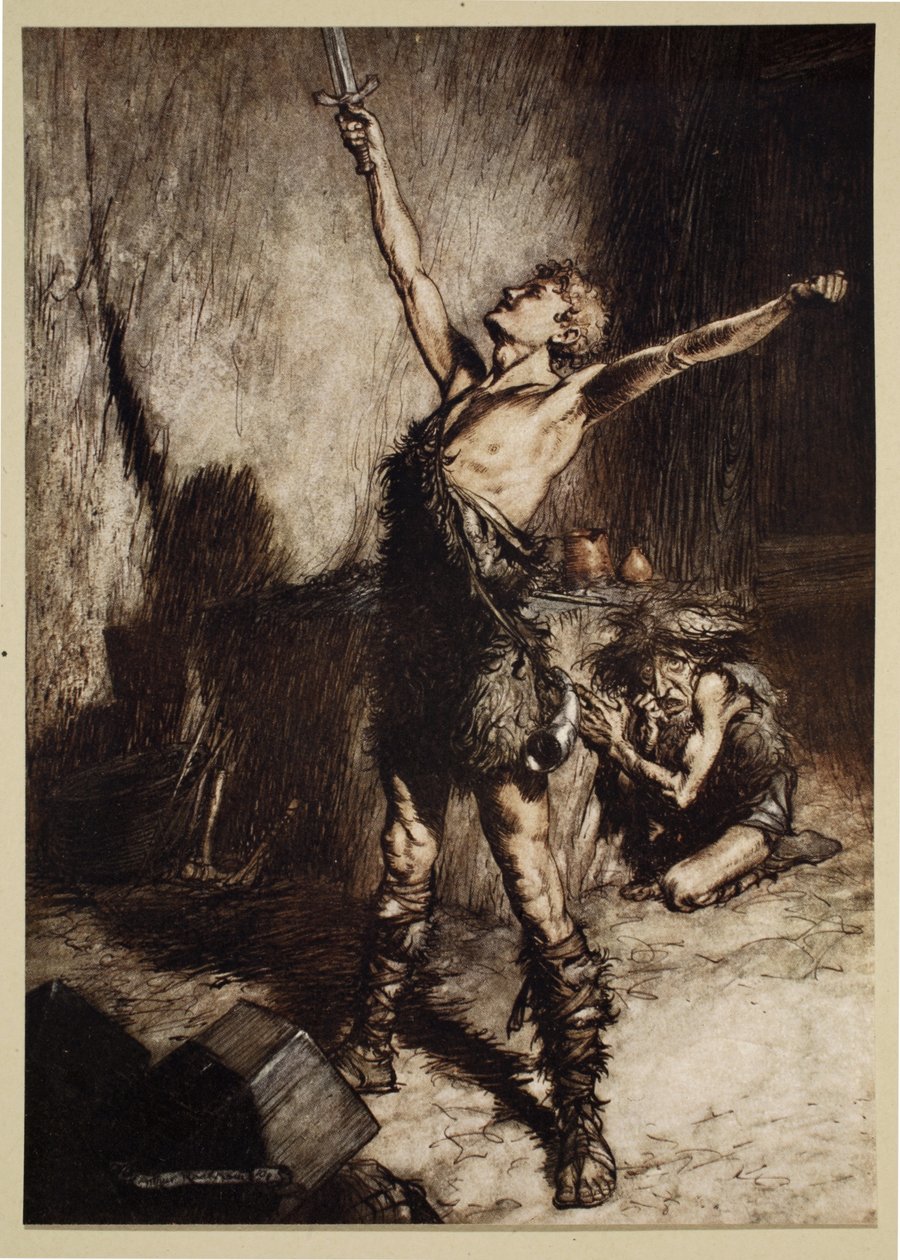 "Ei mitään! Nothung! Valloittava miekka!", etukuva teoksesta "Siegfried ja jumalten hämärä", 1924. tekijältä Arthur Rackham