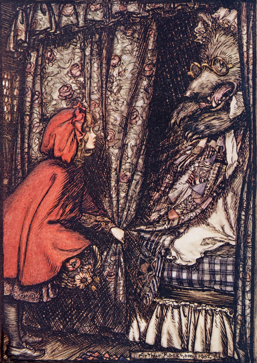 Oi isoäiti, kuinka suuret korvat sinulla on, hän sanoi Grimmin veljien saduista, pubista. 1909 tekijältä Arthur Rackham