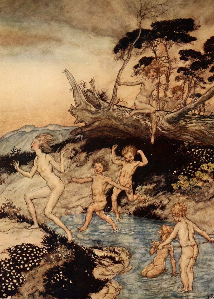 Oi kuinka hyvä aika olikaan olla elossa, kuvitus Nathaniel Hawthornen Ihmekirjasta tytöille ja pojille, 1928 tekijältä Arthur Rackham