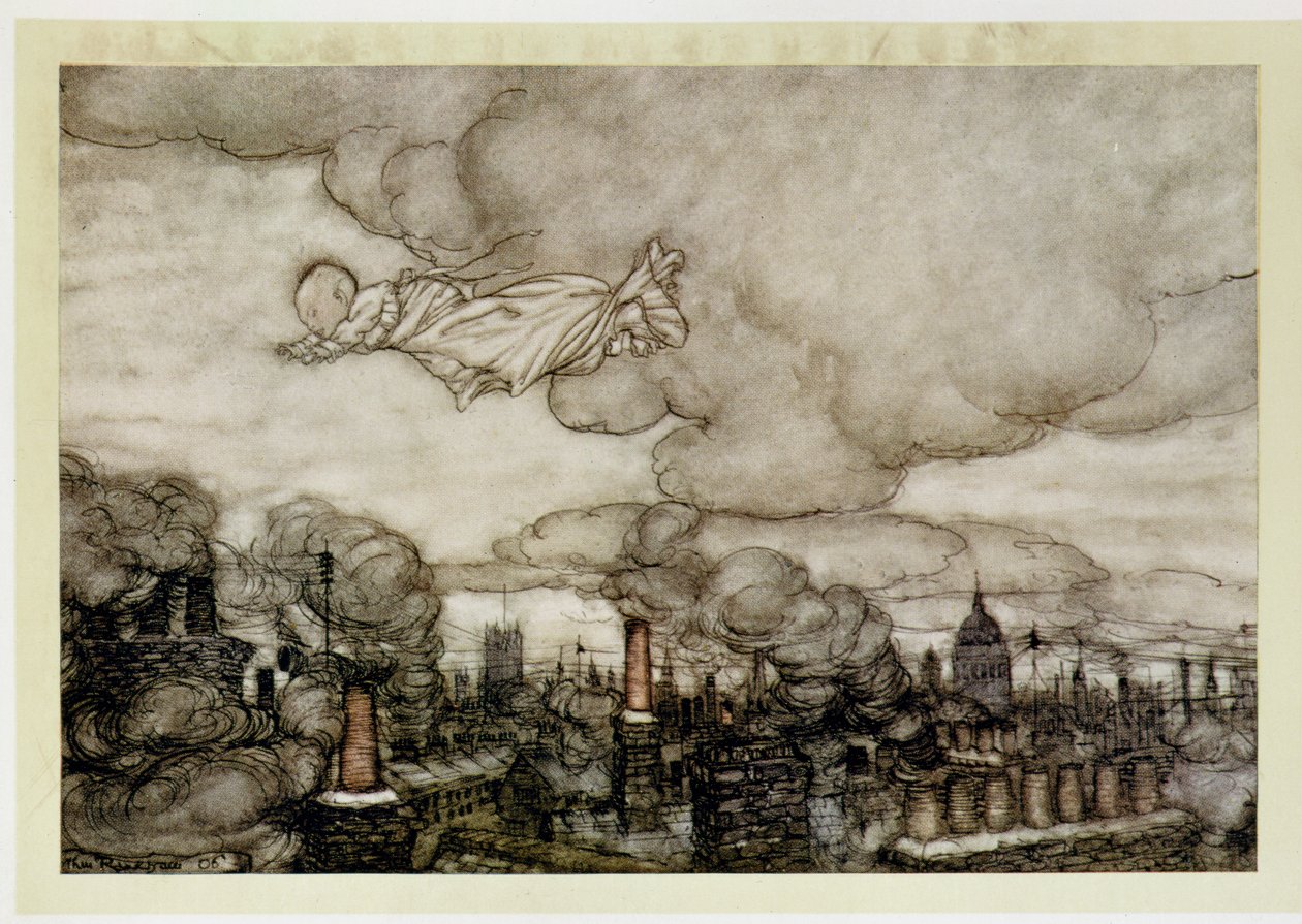 Peter Pan lentää Lontoon yli, kuvitus J. M. Barrien (1860-1937) "Peter Panista" tekijältä Arthur Rackham