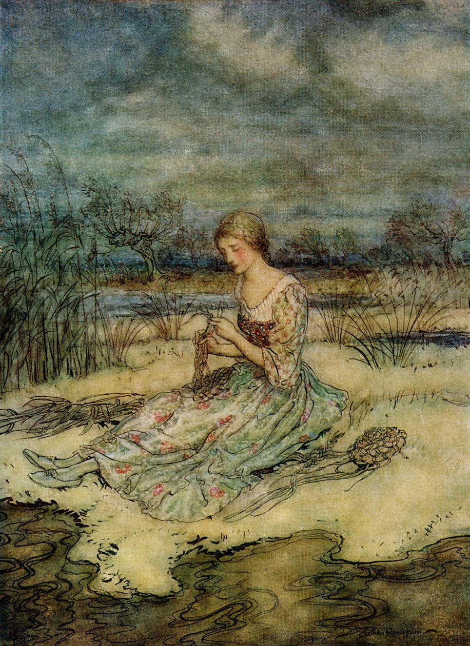 Hän istuutui alas ja punoi itselleen haalarin rönsyistä ja siihen sopivan lakin, F.A. Steelin englantilaisista saduista (English Fairy Tales Retold by F.A. Steel, 1927). tekijältä Arthur Rackham