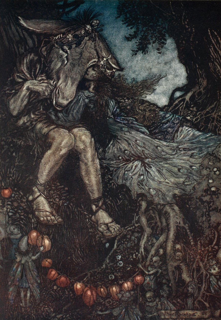 Nuku sinä, niin minä tuulen sinua sylissäni, kuvitus William Shakespearen teoksesta "Kesäyön unelma", 1908 tekijältä Arthur Rackham