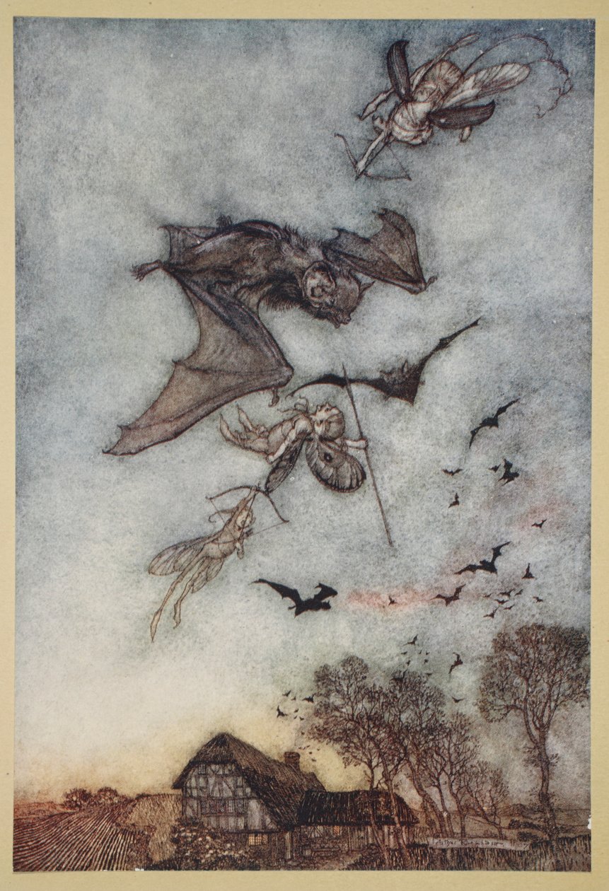 Sotaa uudelleen hiirten kanssa niiden nahkaisten siipien vuoksi, kuvitus William Shakespearen teoksesta "Kesäyön unelma", 1908 tekijältä Arthur Rackham