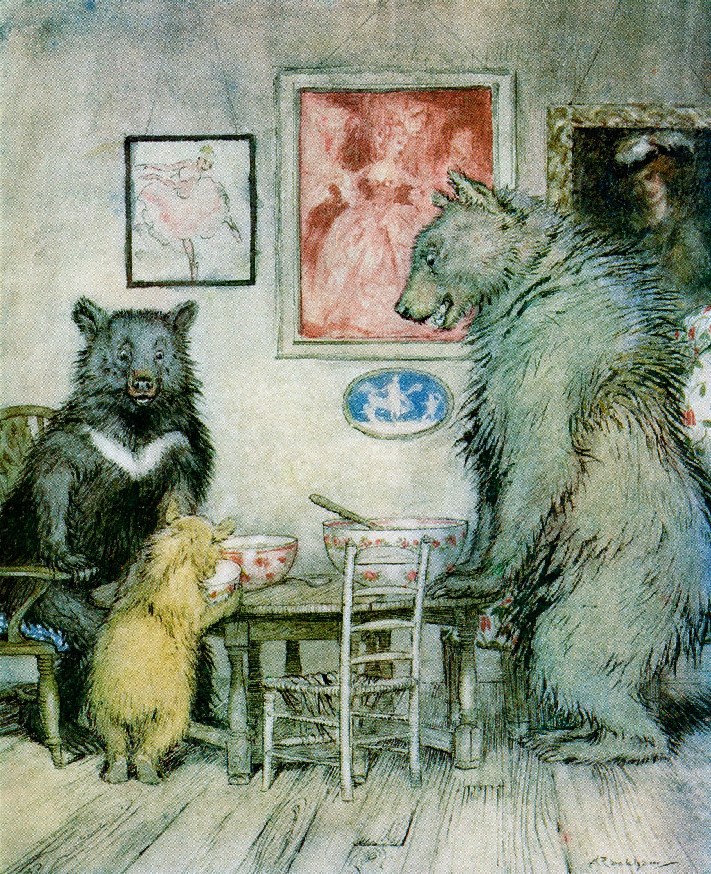 Joku on ollut puuroni ääressä ja syönyt sen kaiken, F.A. Steelin English Fairy Tales Retold -kirjasta, julkaistu 1927 tekijältä Arthur Rackham