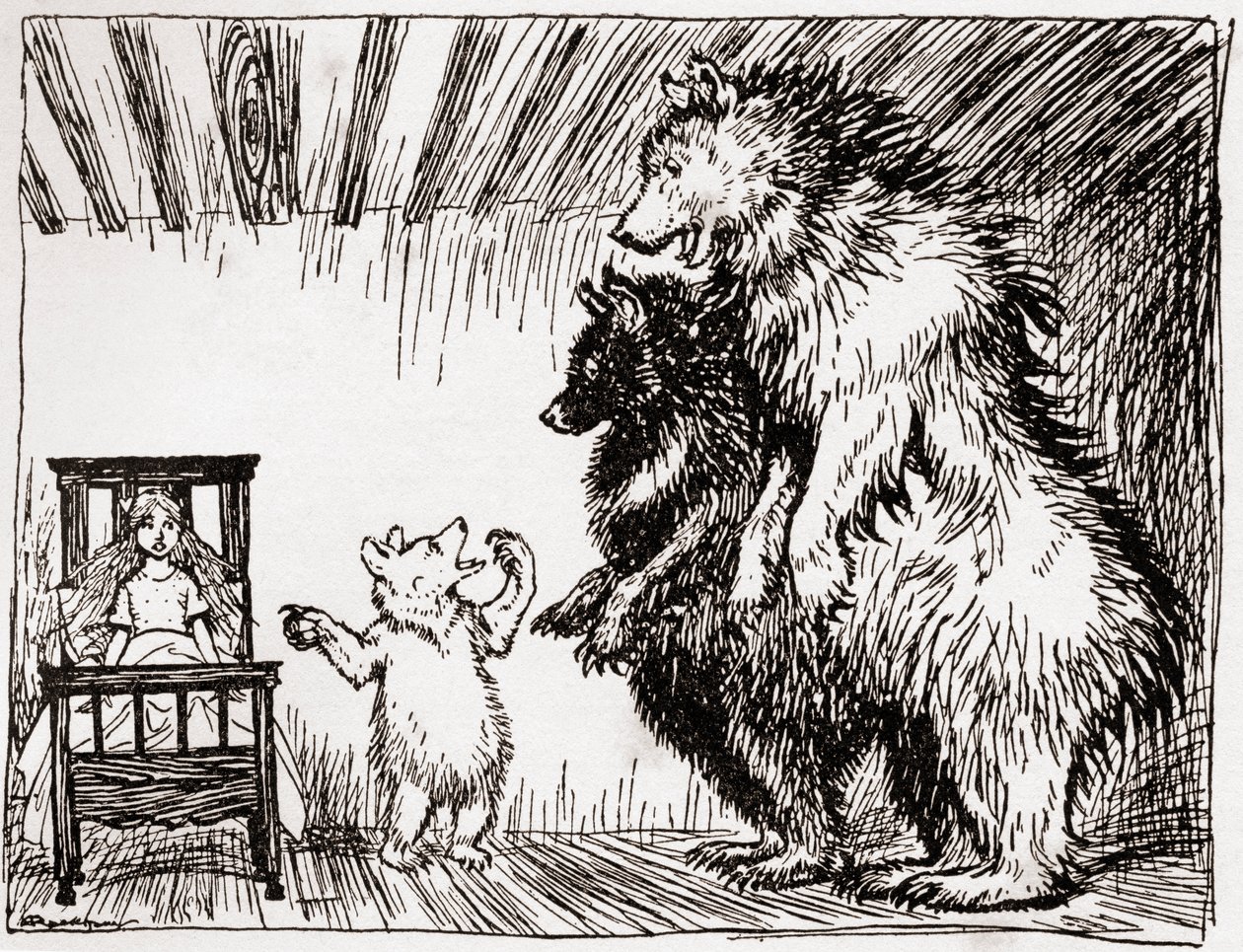 Joku on maannut sängyssäni, ja tässä hän on, kuvitus Kullannuppu ja kolme karhua, englantilaisista saduista, F.A. Steelin uudelleen kertomia, 1927. tekijältä Arthur Rackham