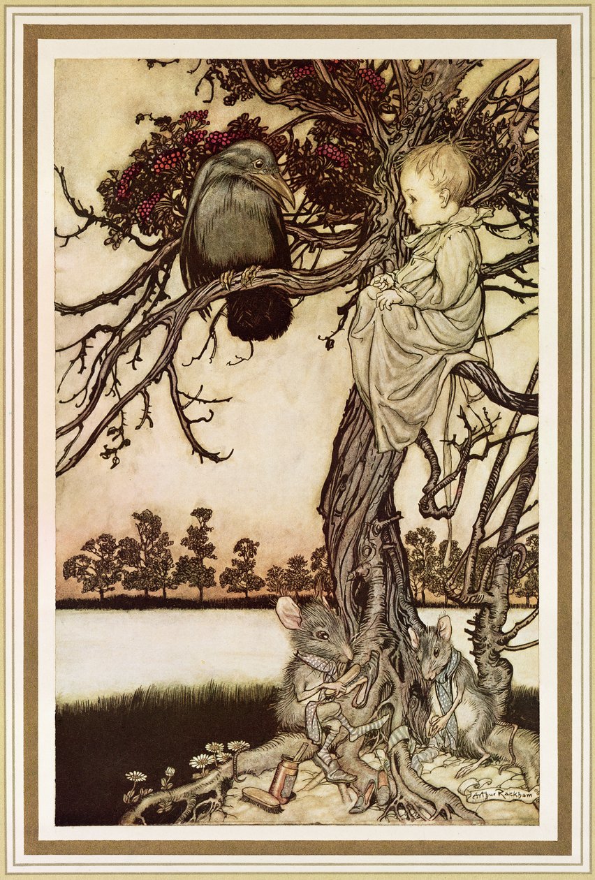 Talking to the Crow J. M. Barrien teoksesta "Peter Pan Kensington Gardensissa", 1906 tekijältä Arthur Rackham