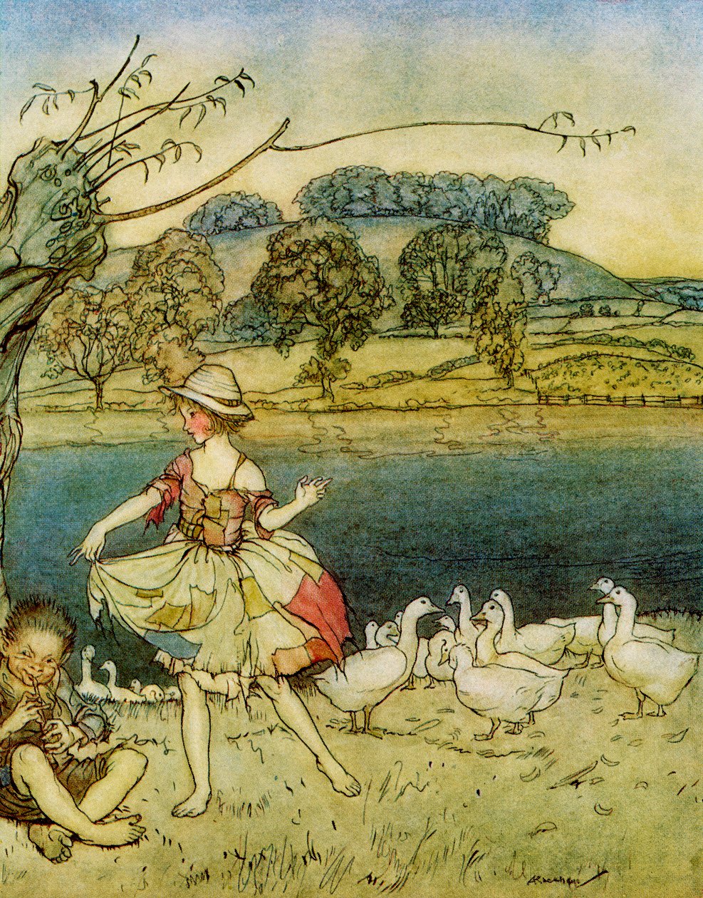 Tatterit tanssivat hanhipaimenen piippujen aikana, F.A. Steelin Englannin satuista, 1927 tekijältä Arthur Rackham