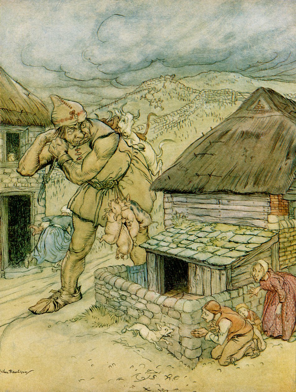 Giant Cormoran oli koko maaseudun kauhu, esimerkki Jackille jättiläismurhaajasta F.A. Steelin Englannin satuista, 1927 tekijältä Arthur Rackham