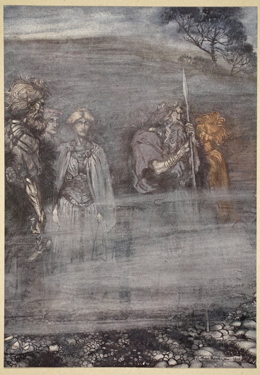 Jumalat vanhenevat ja vanhenevat Freian menetyksen johdosta, esimerkki teoksesta The Rhinegold and the Valkyrie, 1910 tekijältä Arthur Rackham