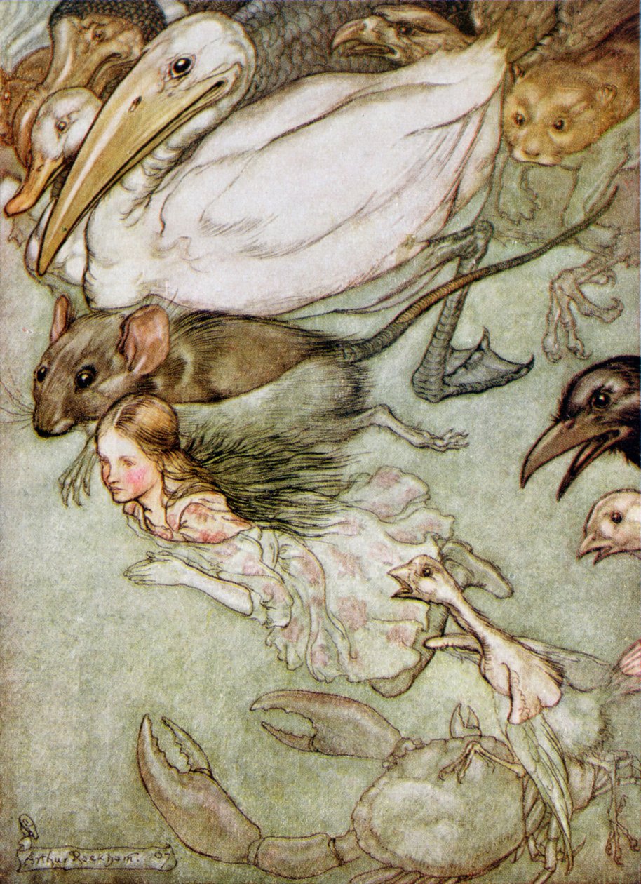 The Pool of Tears, Lewis Carrollin (1832-98) teoksesta "Liisan seikkailut ihmemaassa" 1907 tekijältä Arthur Rackham