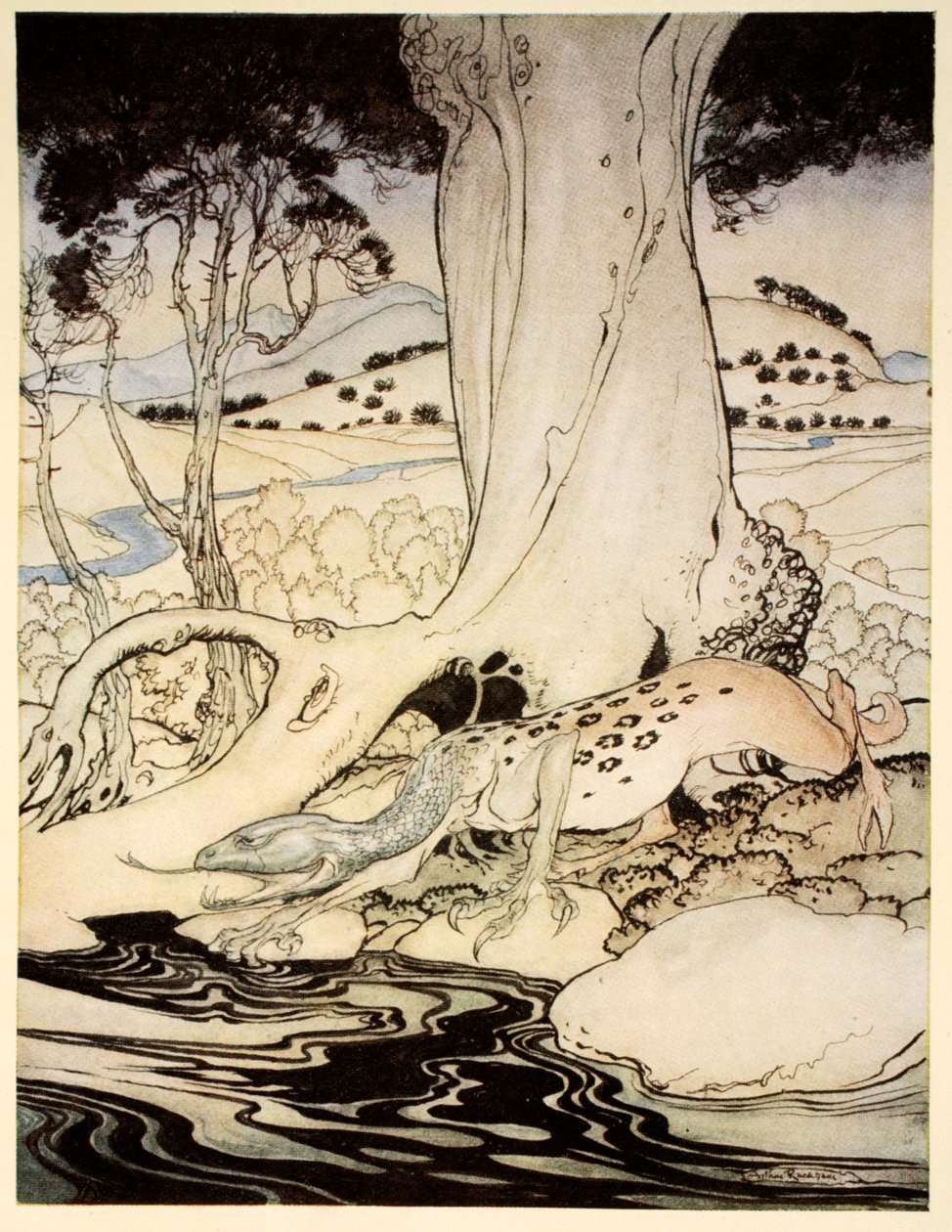The Questing Beast, kuvitus Alfred W. Pollardin teoksesta "Kuningas Arthurin ja hänen pyöreän pöydän ritariensa romanssi", 1910 tekijältä Arthur Rackham