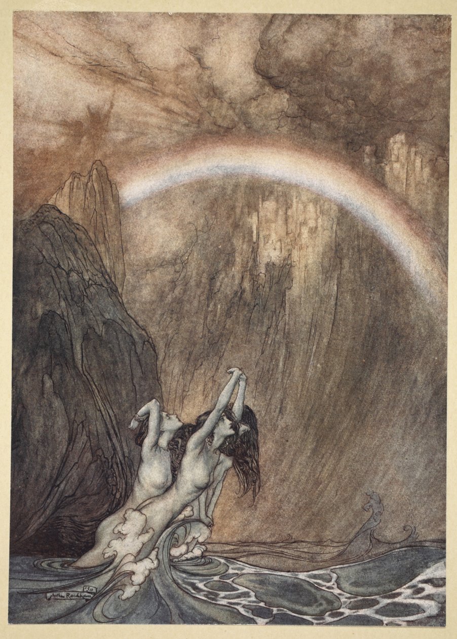 Reinin kauniit lapset, itkevät kadonnutta kultaansa, itkevät, kuvitus teoksesta The Rhinegold and the Valkyrie, 1910 tekijältä Arthur Rackham