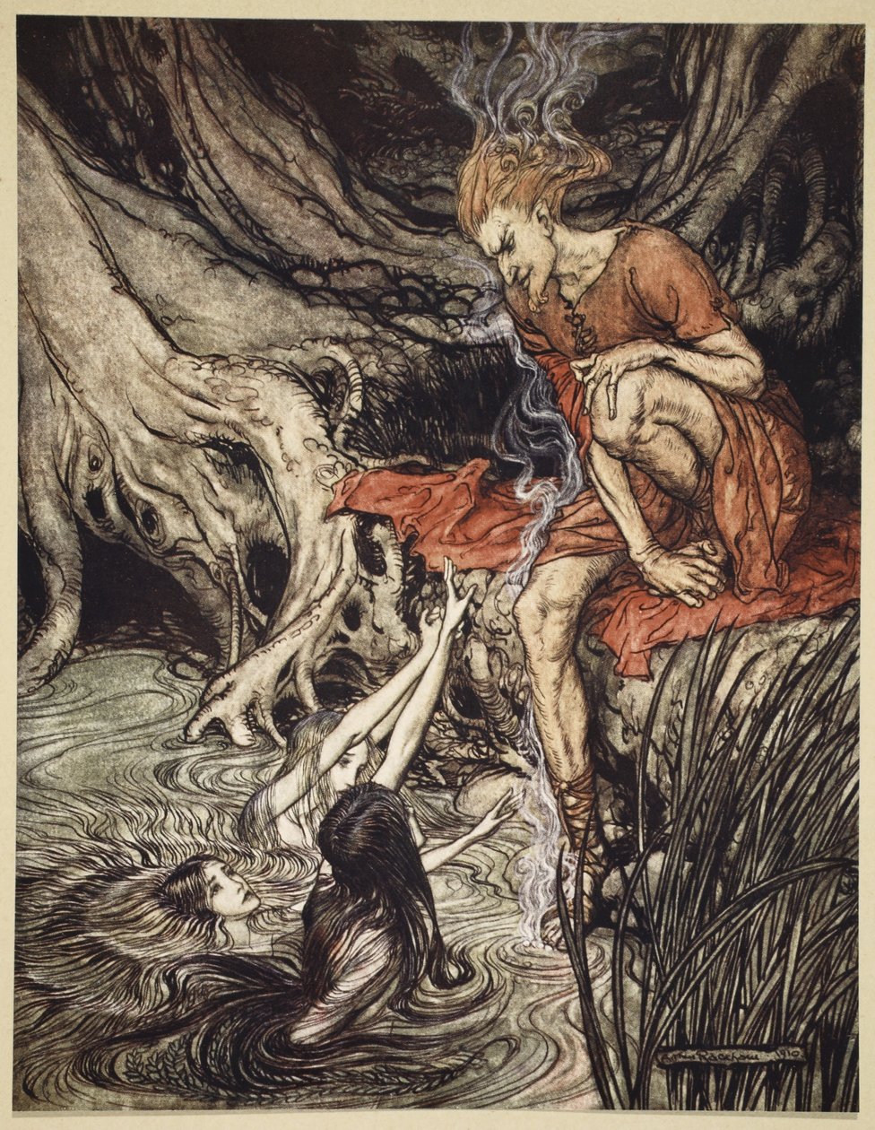 Reinin puhtaasti kiiltävät lapset kertoivat minulle surustaan, esimerkki teoksesta "The Rhinegold and the Valkyrie", 1910 tekijältä Arthur Rackham