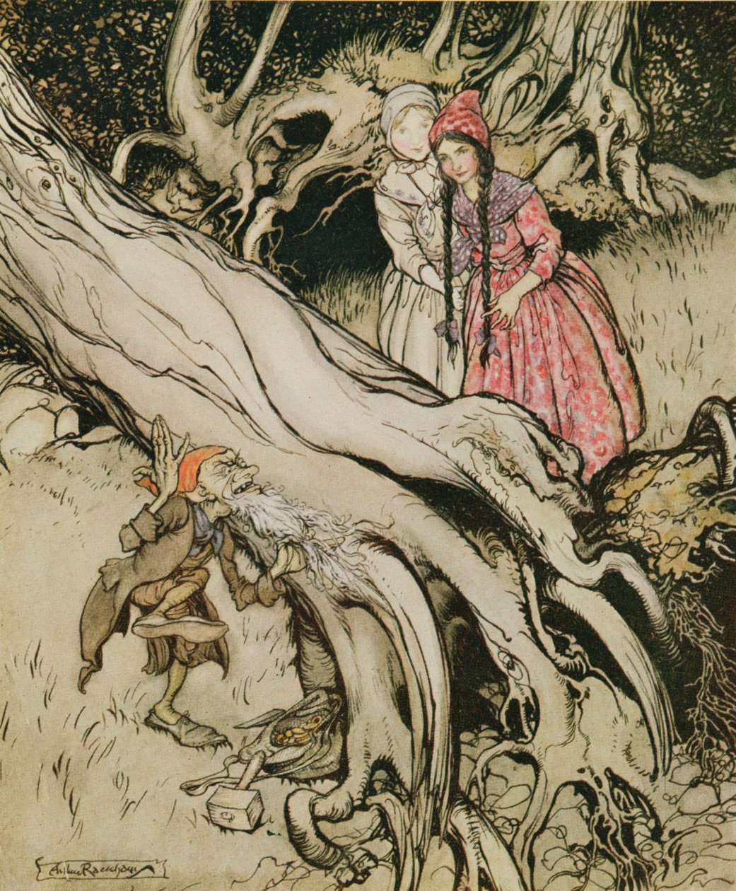 Hänen partansa pää jäi kiinni puuhun, kuvitus teoksesta "Lumikki ja ruusunpunainen", Grimmin veljien saduista, 1900 tekijältä Arthur Rackham