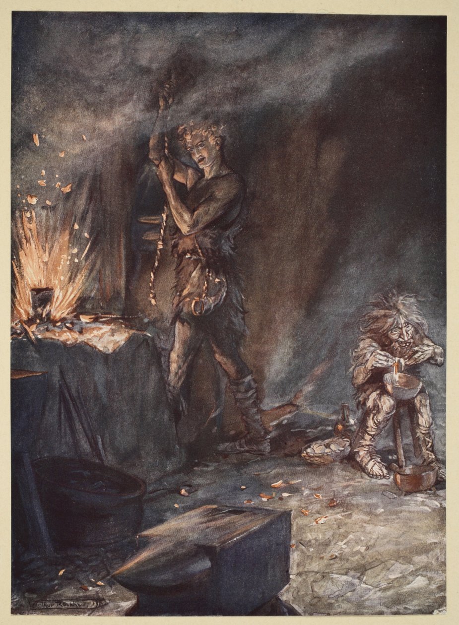 Nothungin taonta, kuvitus teoksesta "Siegfried and the Twilight of the Gods", 1924 tekijältä Arthur Rackham