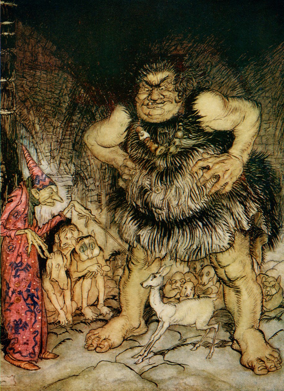 Jättiläinen Galligantua ja paha vanha taikuri muuttavat herttuan tyttären valkoiseksi takamökiksi, esimerkki Jack the Giant Killer -sarjasta F.A. Steelin englanninkielisestä sadusta, 1927 (väri litteä). tekijältä Arthur Rackham