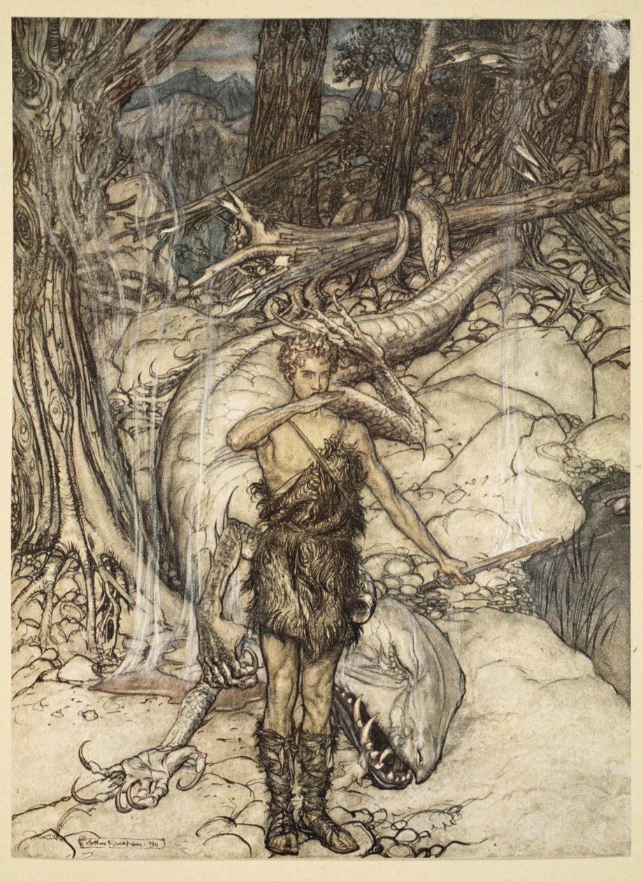 "Kuuma veri palaa kuin tuli!", kuvitus teoksesta "Siegfried and the Twilight of the Gods", 1924 tekijältä Arthur Rackham
