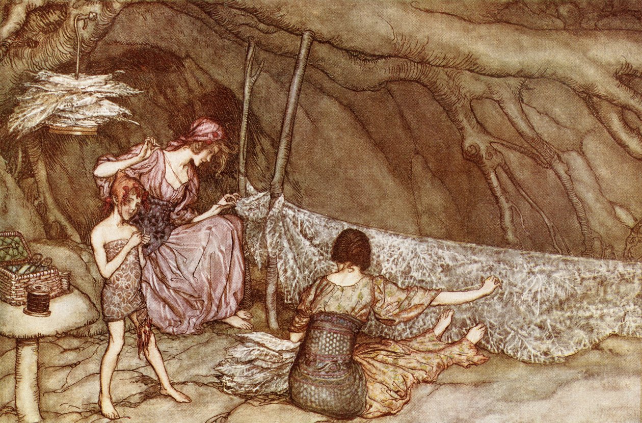 "Pienet ihmiset kutovat kesäverhonsa luurangon lehdistä", J. M. Barrien (1860-1937) "Peter Pan Kensington Gardensissa", julkaistu 1910 tekijältä Arthur Rackham