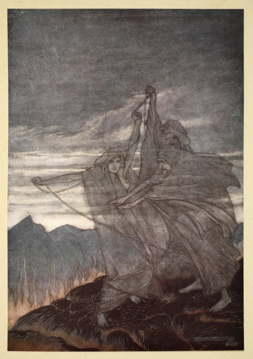 Nornit katoavat, kuva Siegfriedistä ja jumalien hämärästä, 1924 tekijältä Arthur Rackham