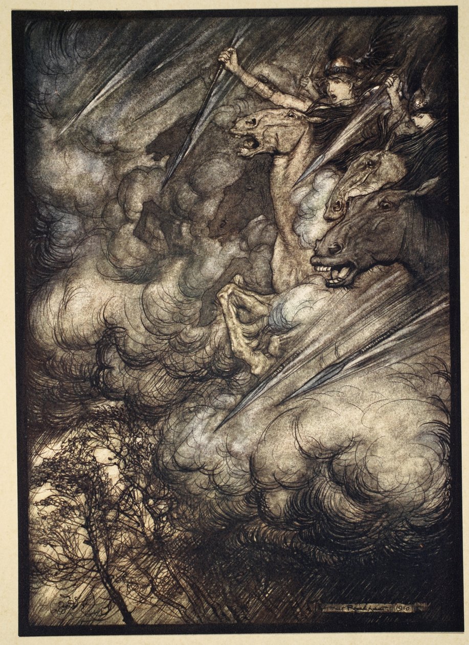 Valkyrioiden ratsastus, kuvitus teoksesta "The Rhinegold and the Valkyrie", 1910 tekijältä Arthur Rackham