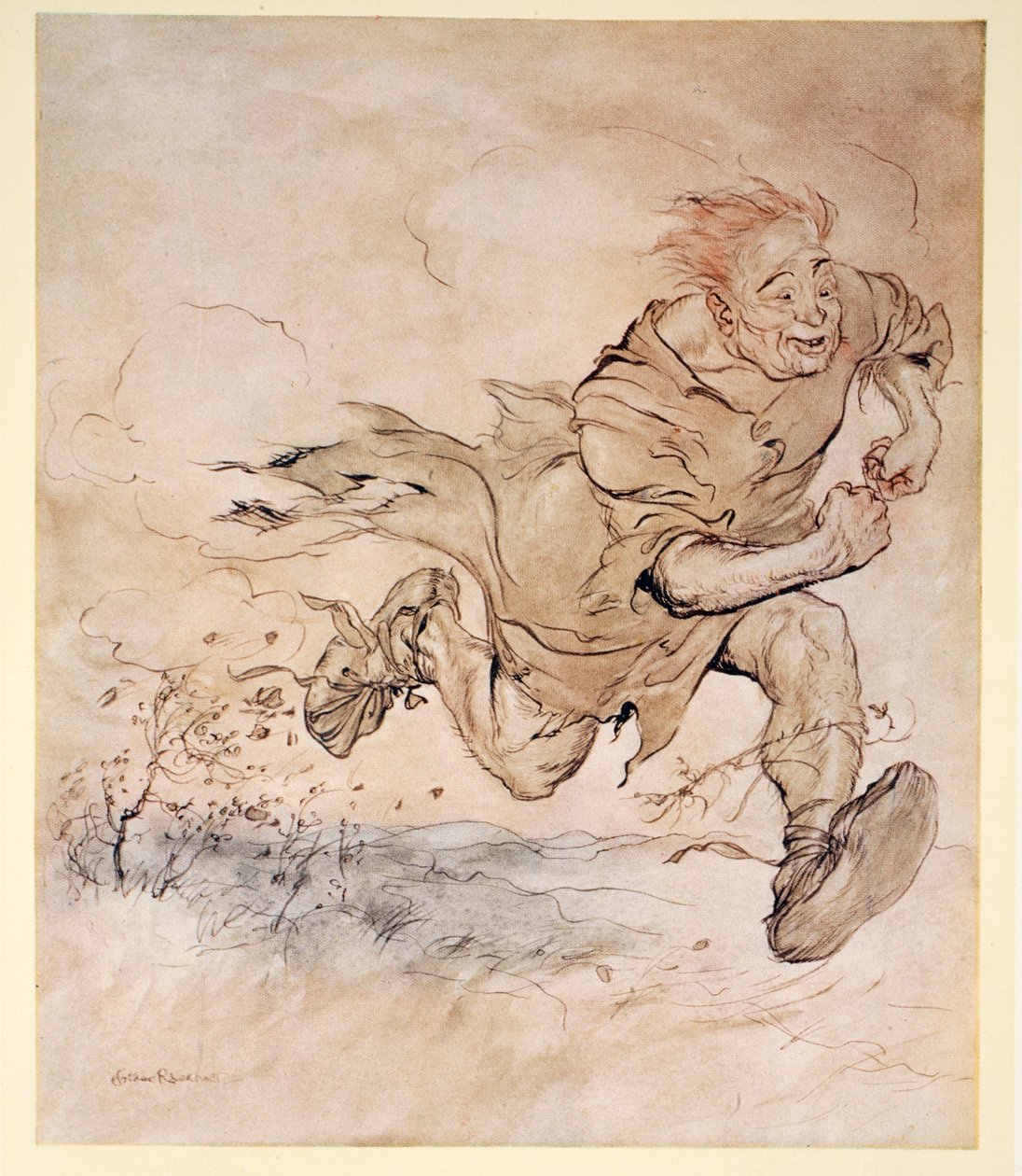 Hänen isojen saappaidensa jyskytys kasvoi yhtä jatkuvaksi kuin rakekivet katolla, ja hänen käytävän tuuli puhalsi puita alas, esimerkki James Stephensin teoksesta "Irish Fairy Tales", 1920. tekijältä Arthur Rackham