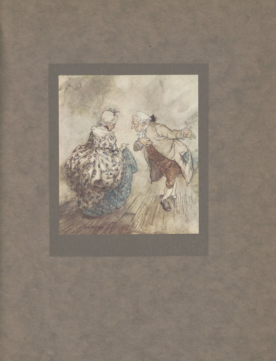 "Sitten vanha Fezziwig erottui tanssiessaan rouva Fezziwigin kanssa", 1915 tekijältä Arthur Rackham