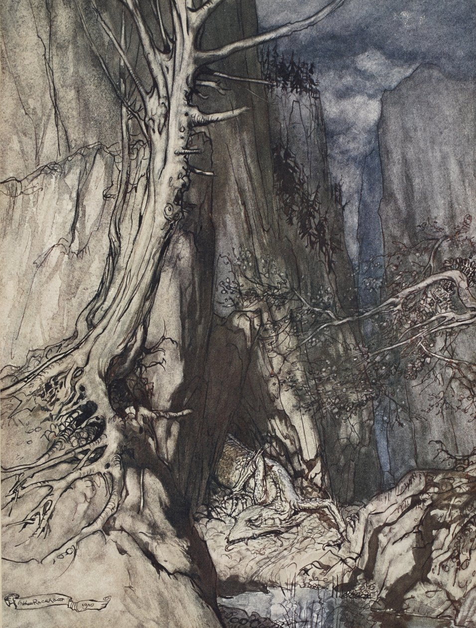 "On kauhea lohikäärme, jossa hän oleskelee, ja luolassa vartioi Alberichin sormusta", kuvitus teoksesta "The Rhinegold and the Valkyrie", 1910 tekijältä Arthur Rackham