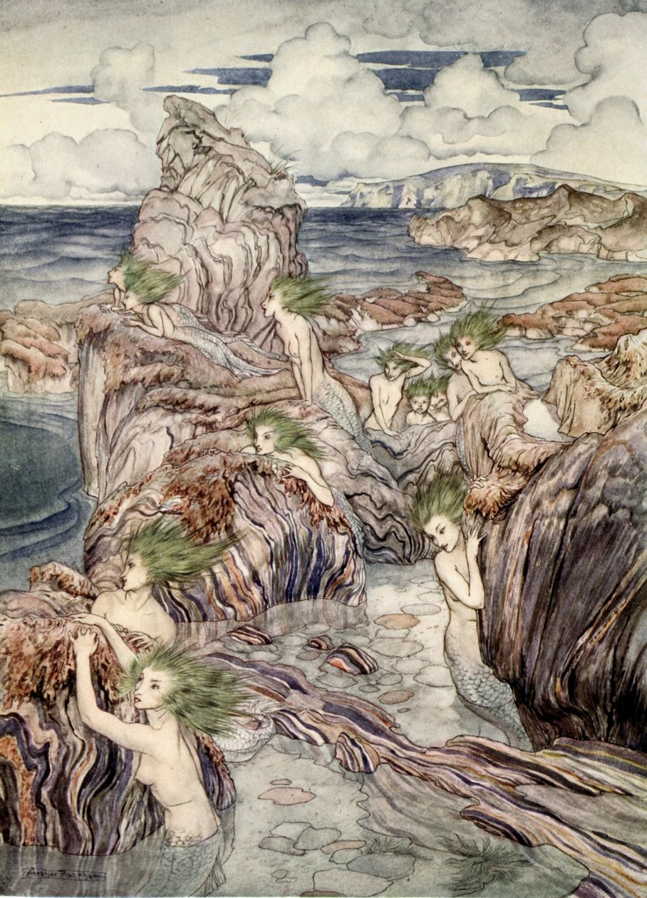 Heillä on merenvihreät hiukset, kuvitus Nathaniel Hawthornen "Ihmekirjasta tytöille ja pojille", 1928 tekijältä Arthur Rackham