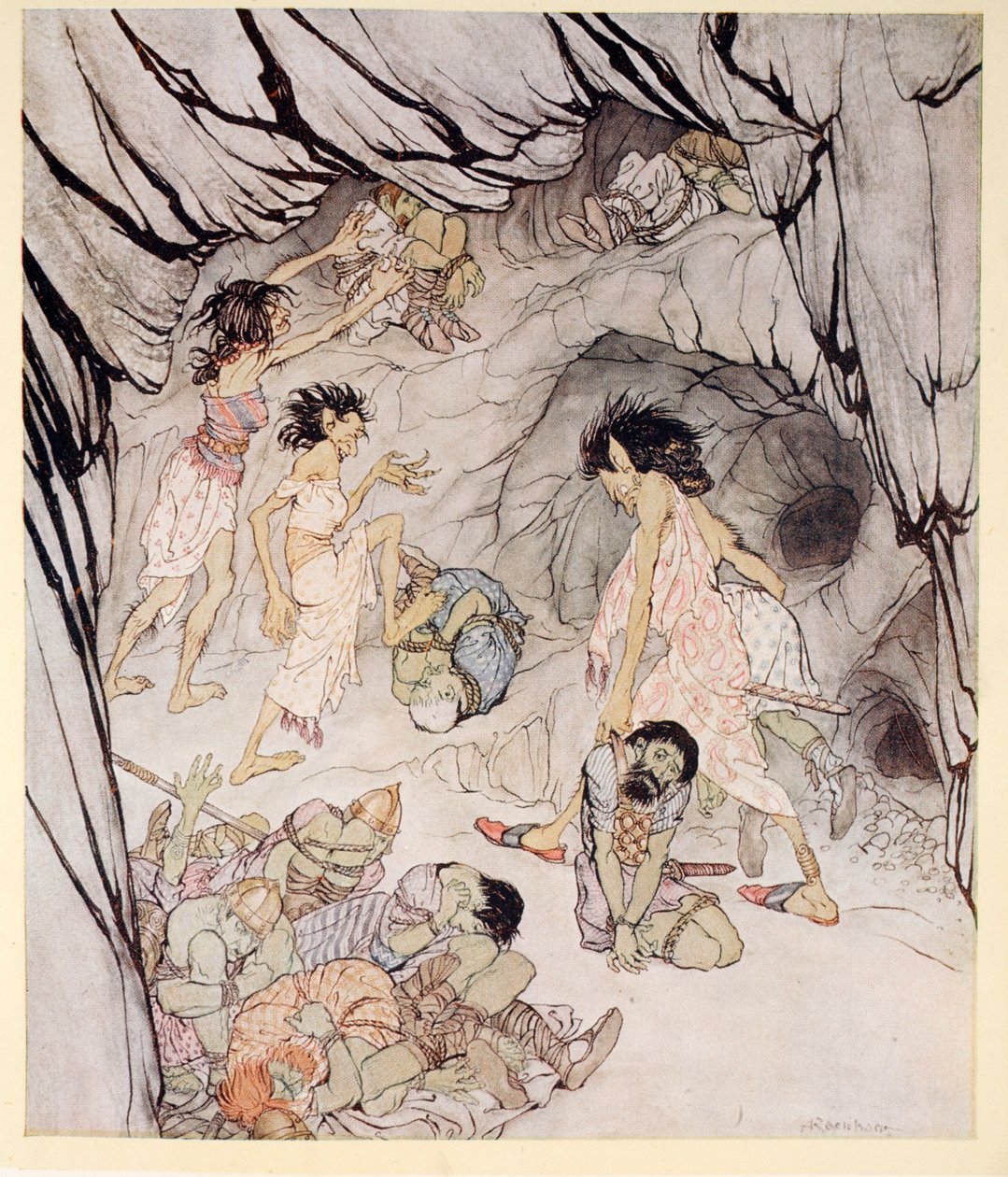 Tämä on lihava, sanoi Cuillen, ja hän pyöräytti kookkaan fenianin pyörän tavoin, esimerkki James Stephensin teoksesta Irish Fairy Tales, 1920. tekijältä Arthur Rackham