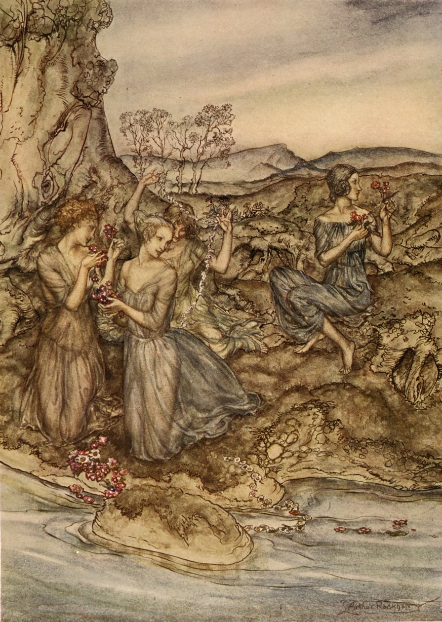 Kukkiseppeleitä, kuvitus Nathaniel Hawthornen Ihmekirjasta tytöille ja pojille, 1928 tekijältä Arthur Rackham