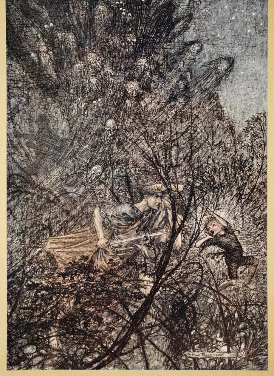 Ylös ja alas, ylös ja alas, Goblin, johda heitä ylös ja alas, kuvitus William Shakespearen teoksesta "Kesäyön unelma", 1908 tekijältä Arthur Rackham