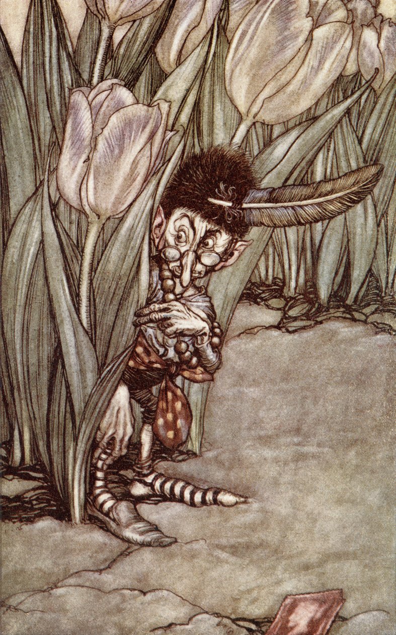 "Kun hän kuuli Peterin äänen, hän poksahti hätääntyneenä tulppaanin taakse", J. M. Barrien (1860-1937) teoksesta "Peter Pan Kensington Gardensissa", julkaistu vuonna 1910 tekijältä Arthur Rackham