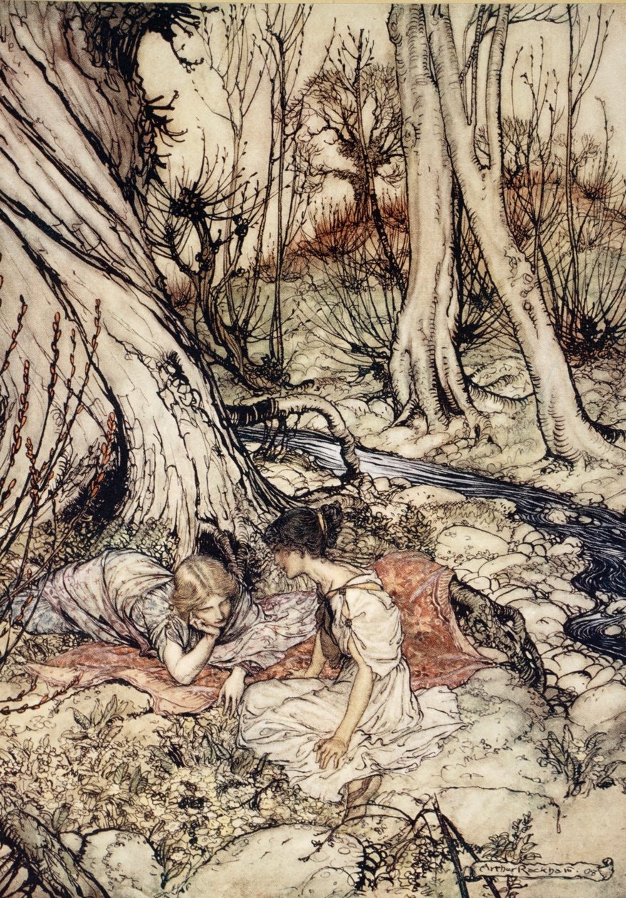 ..Missä usein sinä ja minä olimme tottuneet valehtelemaan heikoilla esikoisängyillä, tyhjentäen povemme heidän neuvoistaan suloinen, kuvitus William Shakespearen "Kesäyön unelmasta", 1908 tekijältä Arthur Rackham