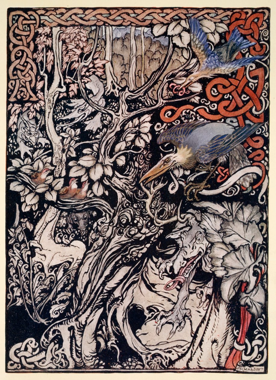 "Villejä, ujoja ja hirviömäisiä olentoja esiintyi hänen tasangoilla ja metsissä", kuvitus James Stephensin teoksesta "Irish Fairy Tales", 1920 tekijältä Arthur Rackham