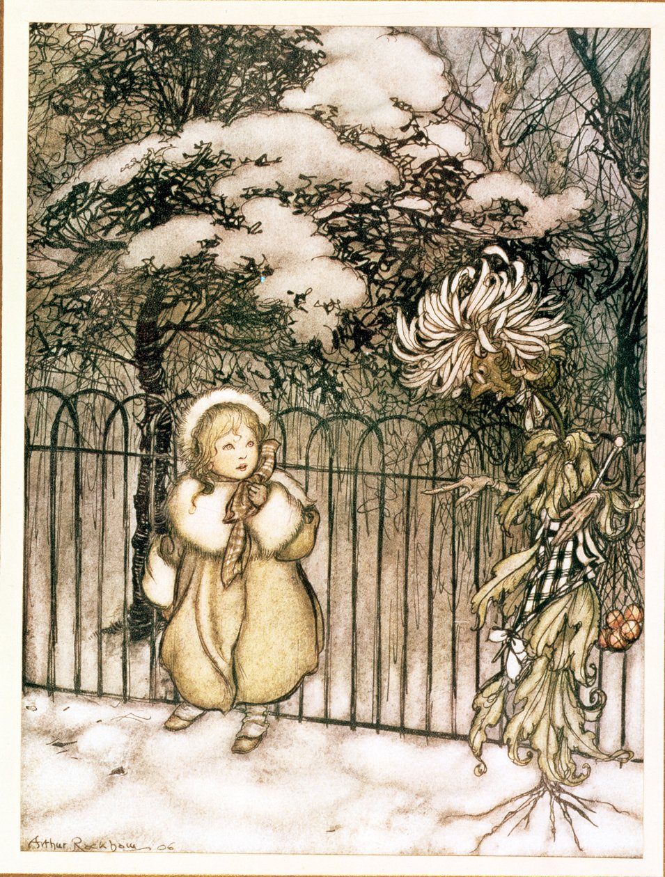 Talvi J. M. Barrien elokuvasta "Peter Pan Kensington Gardensissa", 1906 tekijältä Arthur Rackham
