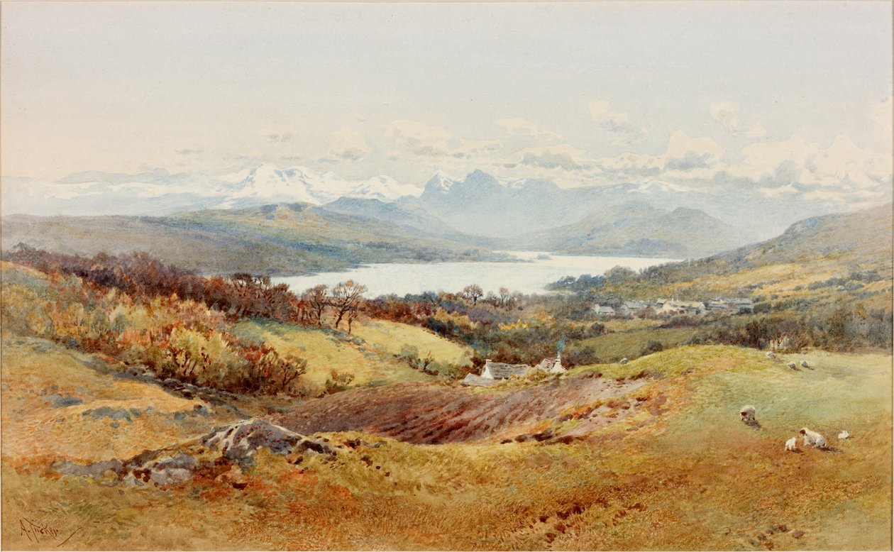 Maisema - Langdale Pikes (vartaloväri, kynä ja wc paperilla) tekijältä Arthur Tucker