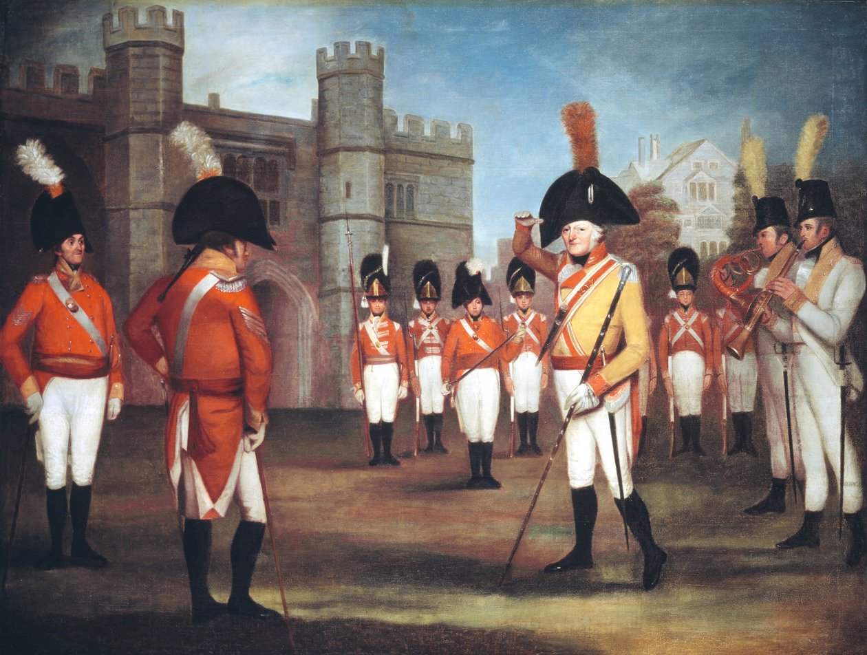 Staffordshiren miliisi paraatissa Windsorin linnassa, n. 1804 tekijältä Arthur Devis